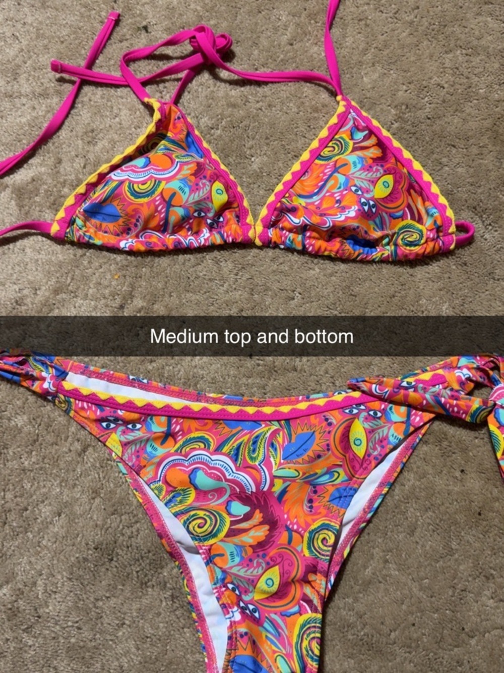 Vibrant Paisley Triangle Bikini Set - Neon Pink & Multicolor